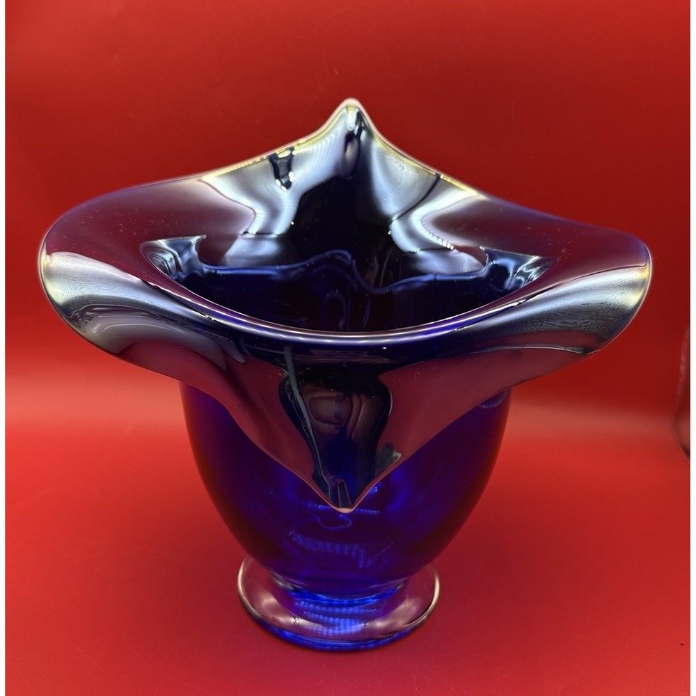 Vtg Iridescent Cobalt Blue White Edge Art Glass Jack In The Pulpit Vase Signed